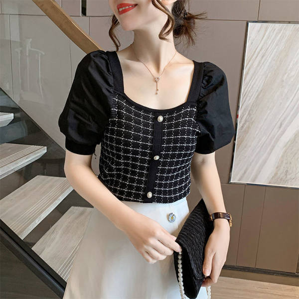 2022 New Summer Style Light and Mature Style Square Collar Splicing Puff Sleeve Knitted Short-Sleeved Top Thin Shirt for Women