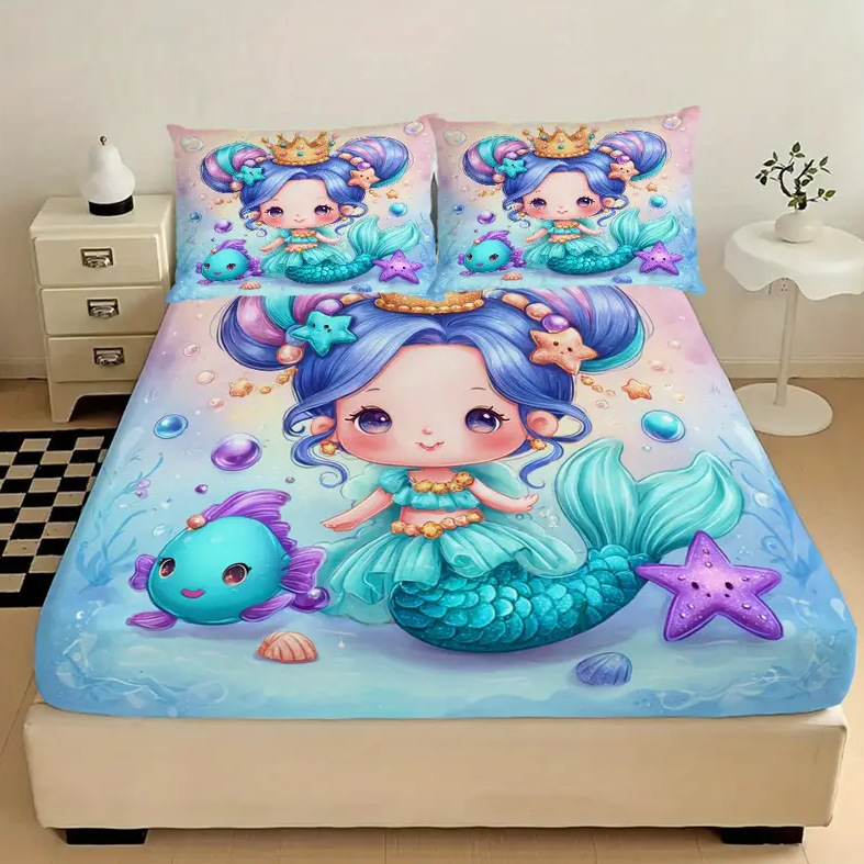 TEMU / JIT transfronterizo tejido doméstico niña sirena patrón 3D impresión digital cama