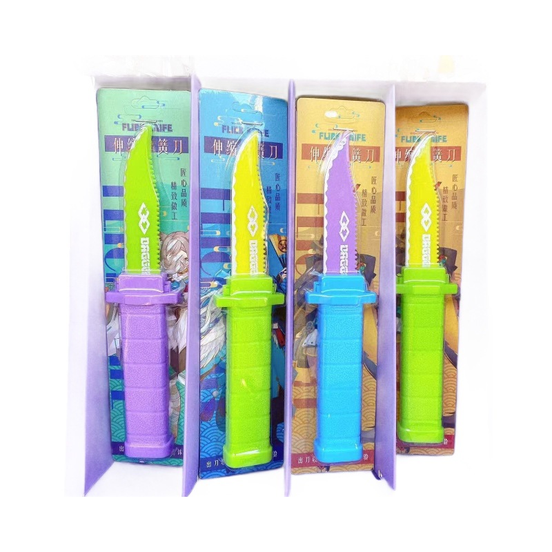 Juguete para niños cuchillo de zanahoria telescópico juguete complicado resorte cuchillo de plástico elástico modelo accesorios caja de color al por mayor