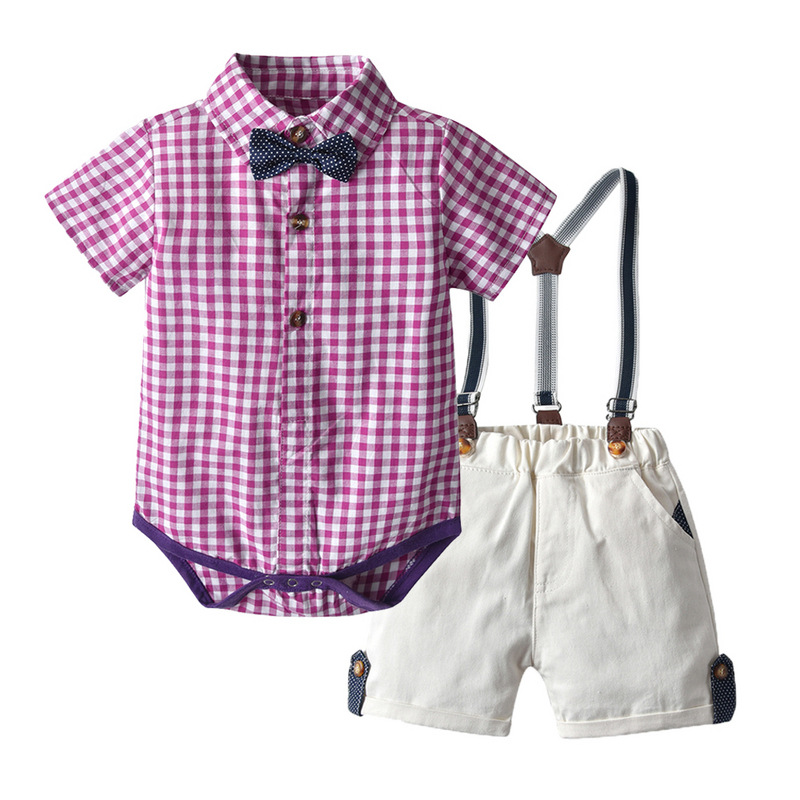 Summer Baby Plaid Jumpsuit Short-sleeved Romper Suspender Shorts Two-piece Set display picture 1