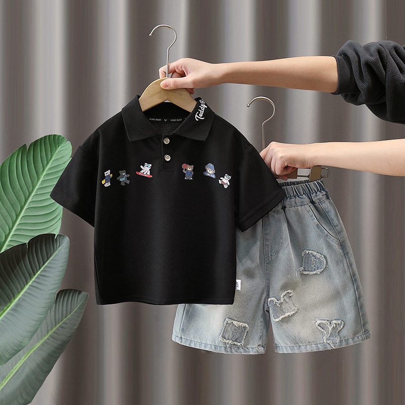 7326 Traje de manga corta para niños Camisa POLO de verano fresca y de moda Pantalones de mezclilla para niños Pantalones de cinco puntos Verano de dos piezas de verano