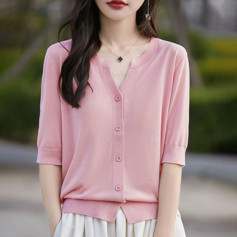 Lyocell Tencel V-neck knitted cardigan women's 2024 summer new simple solid color all-match mid-sleeve women's top