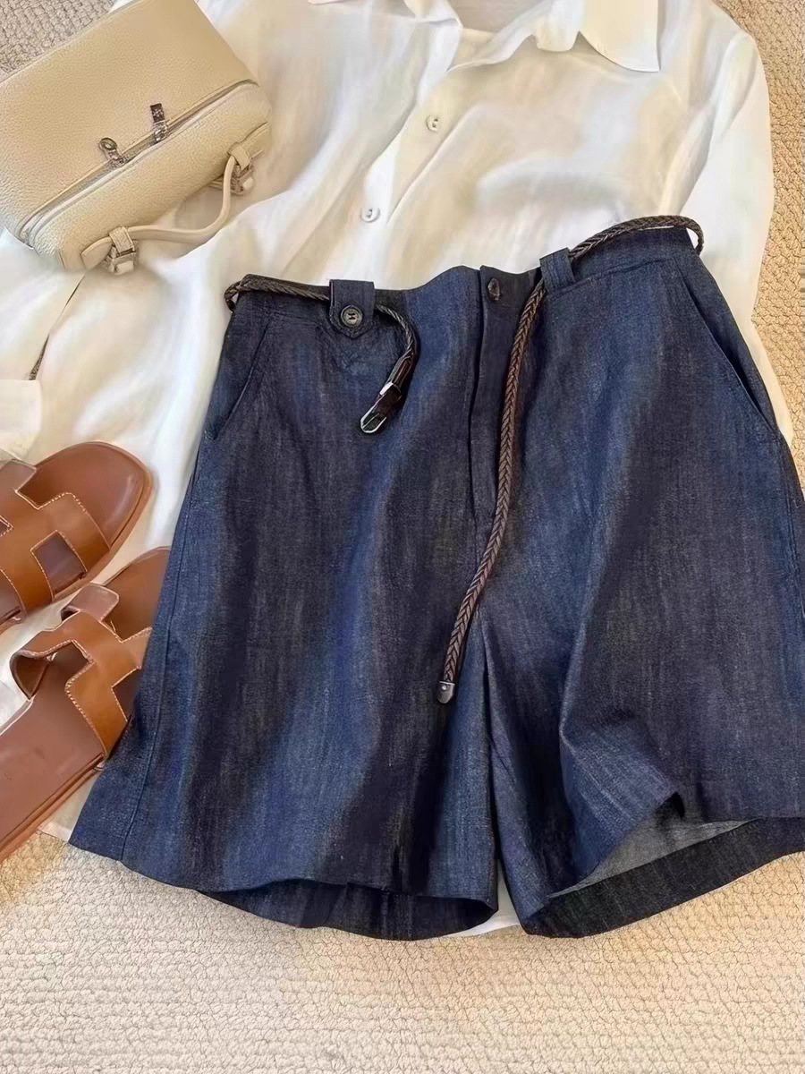 Quần short nữ denim phong cách vintage, dáng rộng thoải mái mùa hè — màu xanh đậm