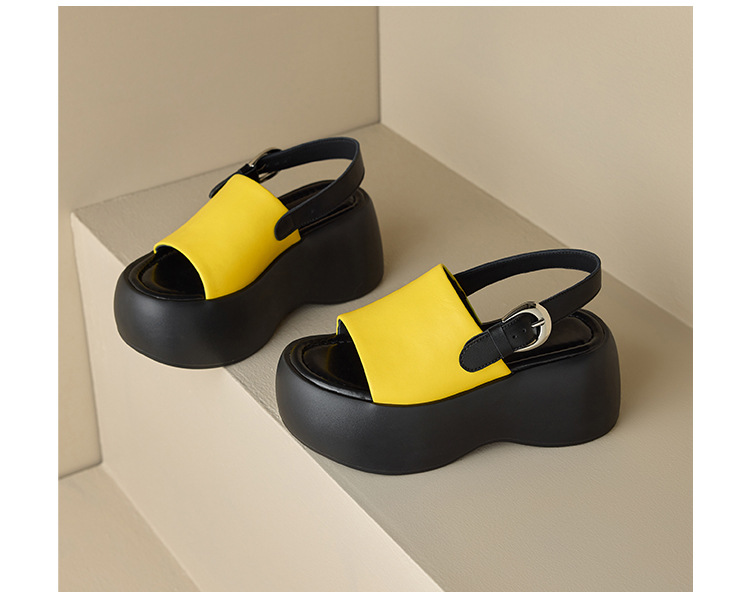Sandal nữ đế dày quai ngang phối màu da thật mùa hè — Màu đen, Màu trắng, Màu vàng chi tiết 22