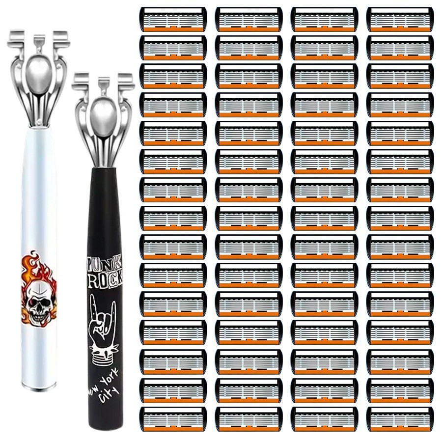 Cross-Border 6-Layer Manual Razor for Men, Hip-Hop Style Printed Handle, Multi-Blade Replacement Set