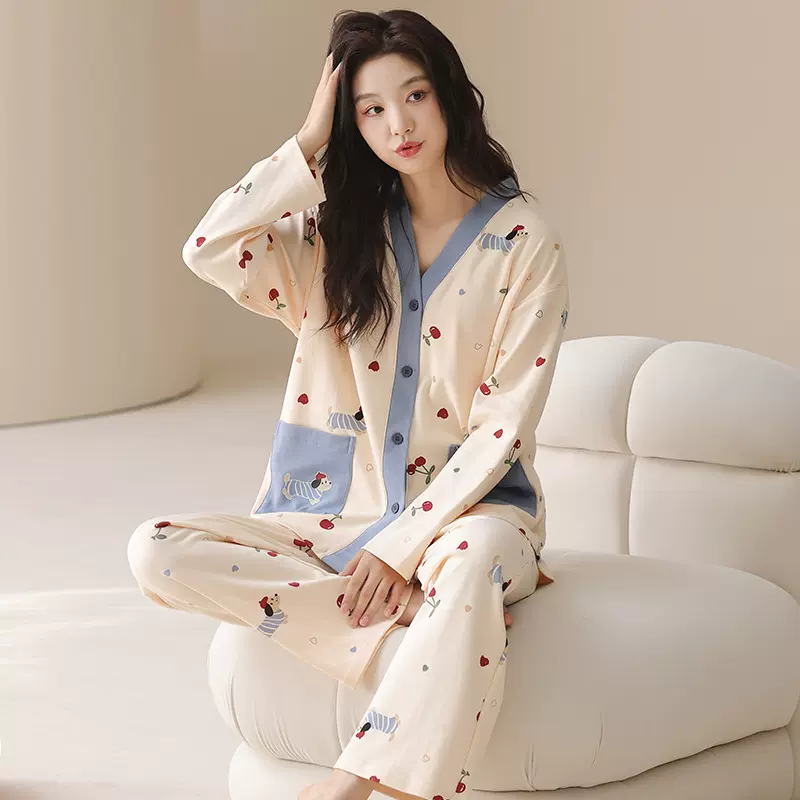 自带胸垫纯棉睡衣女和服V领透气舒适卡通小狗可爱清纯秋冬家居服