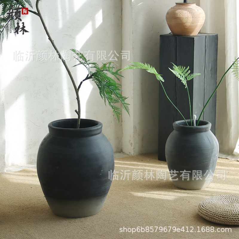 Cerámica de cemento gris negro maceta de flores para el hogar sala de estar decoración de hotel verde plantación de flores decoración de vivienda