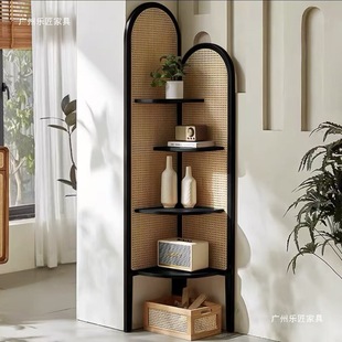 Solid Wood Corner Cabinet Living Room Retro Sofa Wall Rattan Storage Shelf Medieval Bedroom Corner Triangle Cabinet Storage Rack