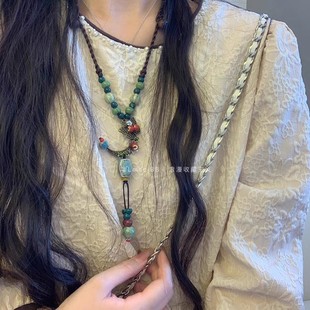 Ethnic style retro literary and national style cotton and linen ceramic necklace for women, butterfly forest style, versatile long sweater chain, tassel hanging