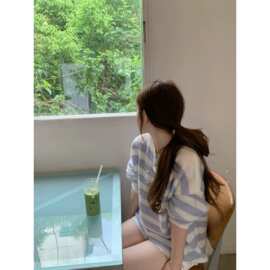 韩系条纹圆领套头针织毛衣女早秋季氛围感慵懒风宽松绝美长袖上衣