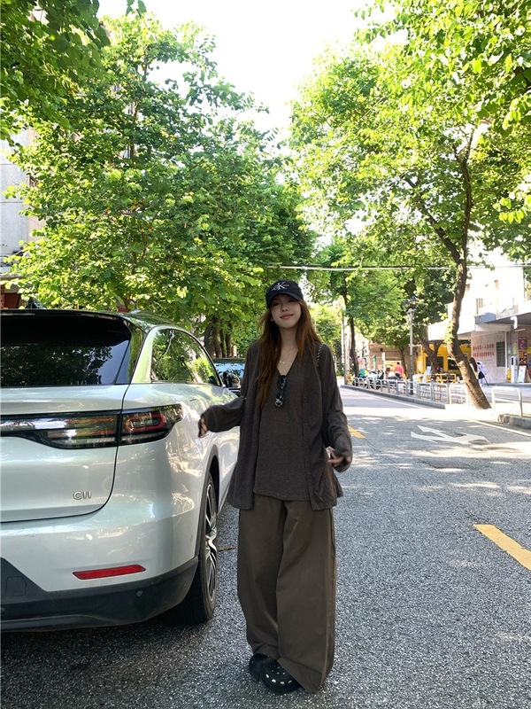 休闲运动套装复古灰色宽松长袖T恤上衣女秋季抽绳直筒短裤两件套|undefined