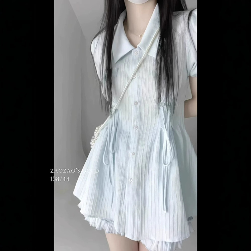 2025 Blue Polo Collar Waist Short-Sleeved Dress Women's Summer Shirt Skirt Sweet Shorts Skirt Two-Piece Set