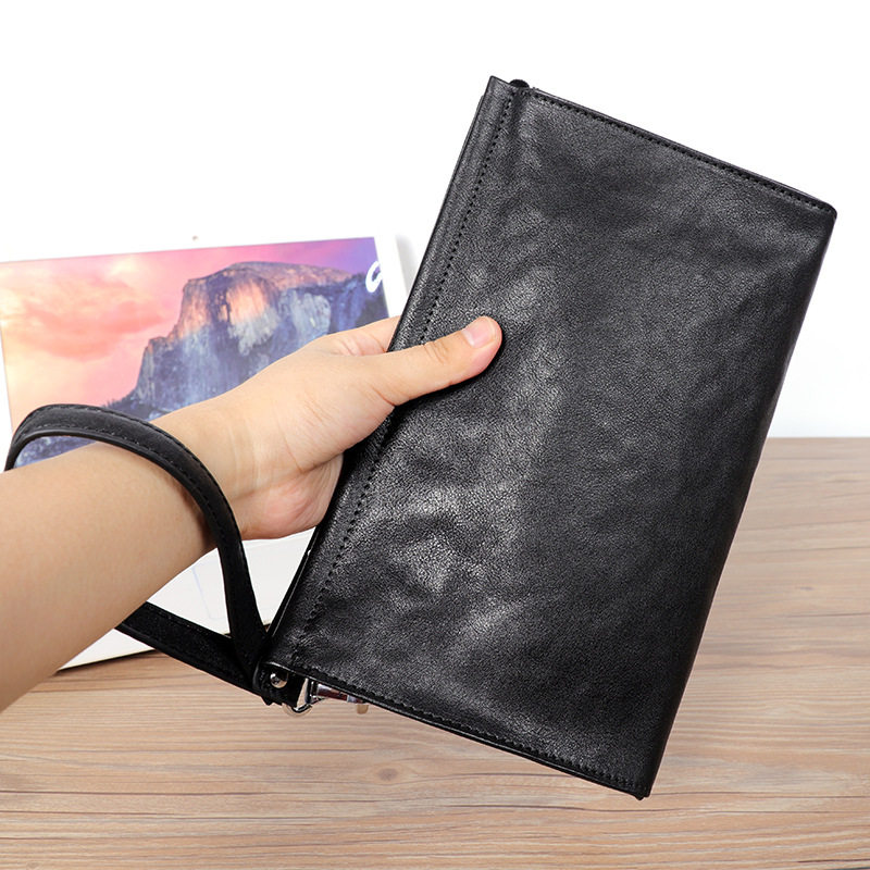 Túi đeo chéo nam đa năng da bò thật 29×11×17 cm, túi đeo vai kiêm túi cầm tay phong bì — Màu đen