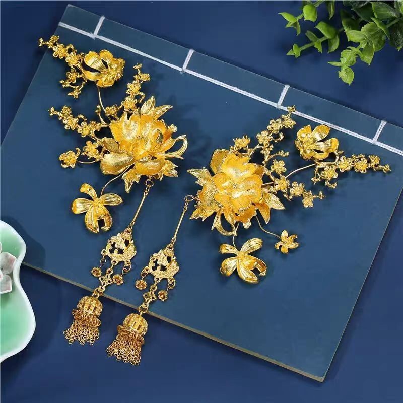 New Chinese-Style Golden Peony Tassel Side Clip, Dragon and Phoenix Gown Accessories, Fashionable and Versatile High-End Headpiece