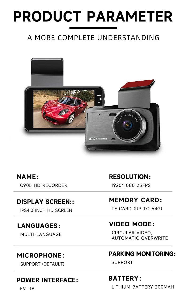 Cross-Border Private Model Driving Recorder 4inch Dashcam 1080P High-Definition Night Vision Wifi Inter-Connected Car Recorder