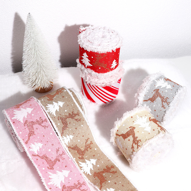 クロスボーダー新しいクリスマスベルベットエッジ模造リネンリボンクリスマスツリー DIY 装飾ホットスタンピングヘラジカリボンリボンギフト|undefined