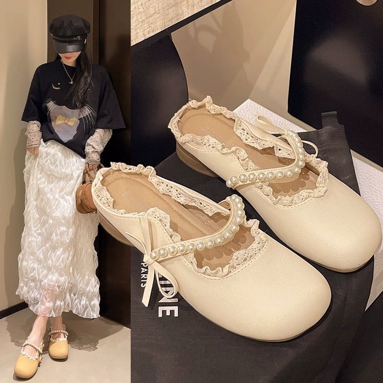 Женские полусапожки с жемчужным декором в стиле феи, летняя новинка 2025 года, с юбкой, неглубокий кружевной вырез, модель Мэри Джейн