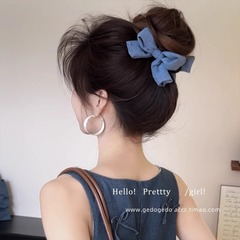 レトロなデニムブルーリボンボールヘッドクリップ、女性用、ハイエンドヘアクリップ、頭の後ろに固定するヘッドギア