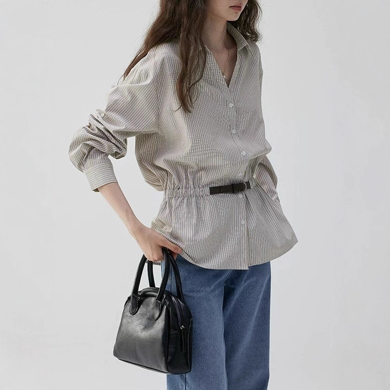 "Wasabi Pie Vooe" Design V Neck Waist Stripesd Loose Shirt Women's Early Autumn New Elegant Work Clothing Top