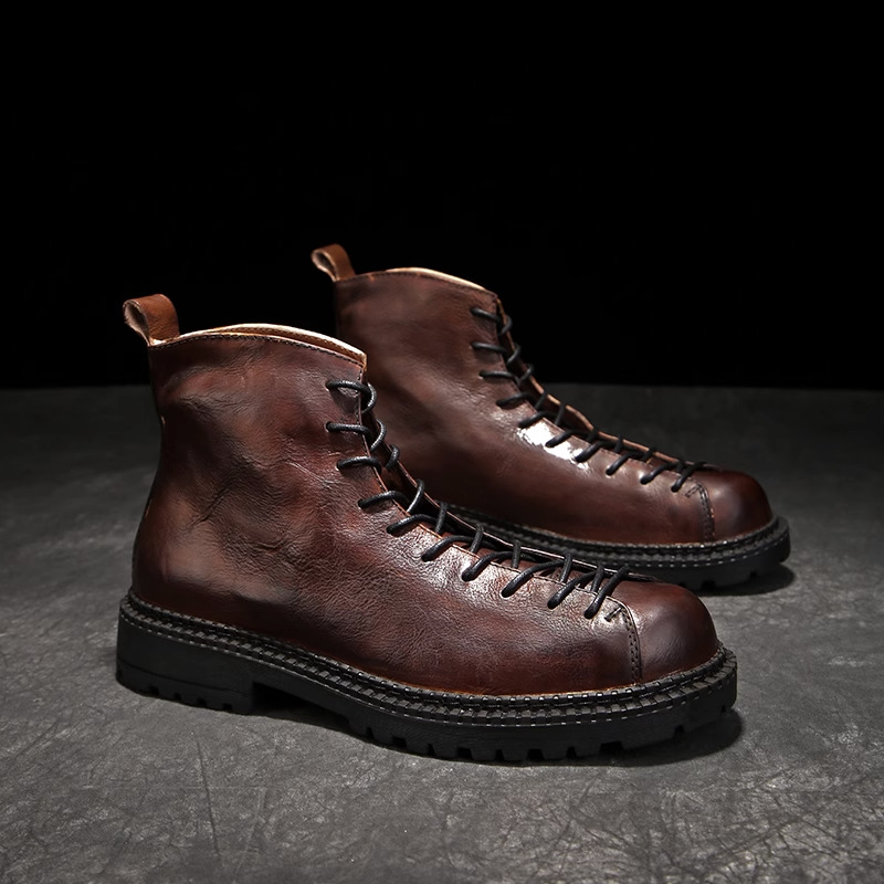 C5-28 Martin Boots for Men, Genuine Leather, Non-Slip, Height-Increasing, Retro Casual, Fleece-Lined, Warm, Breathable, High-Top Work Boots, Trendy