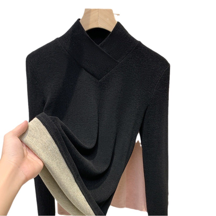 La mitad de las mujeres de terciopelo de cuello alto camisa de fondo 2023 nuevo estilo occidental de las mujeres cuello superpuesto cepillado camiseta caliente interior superior image 1
