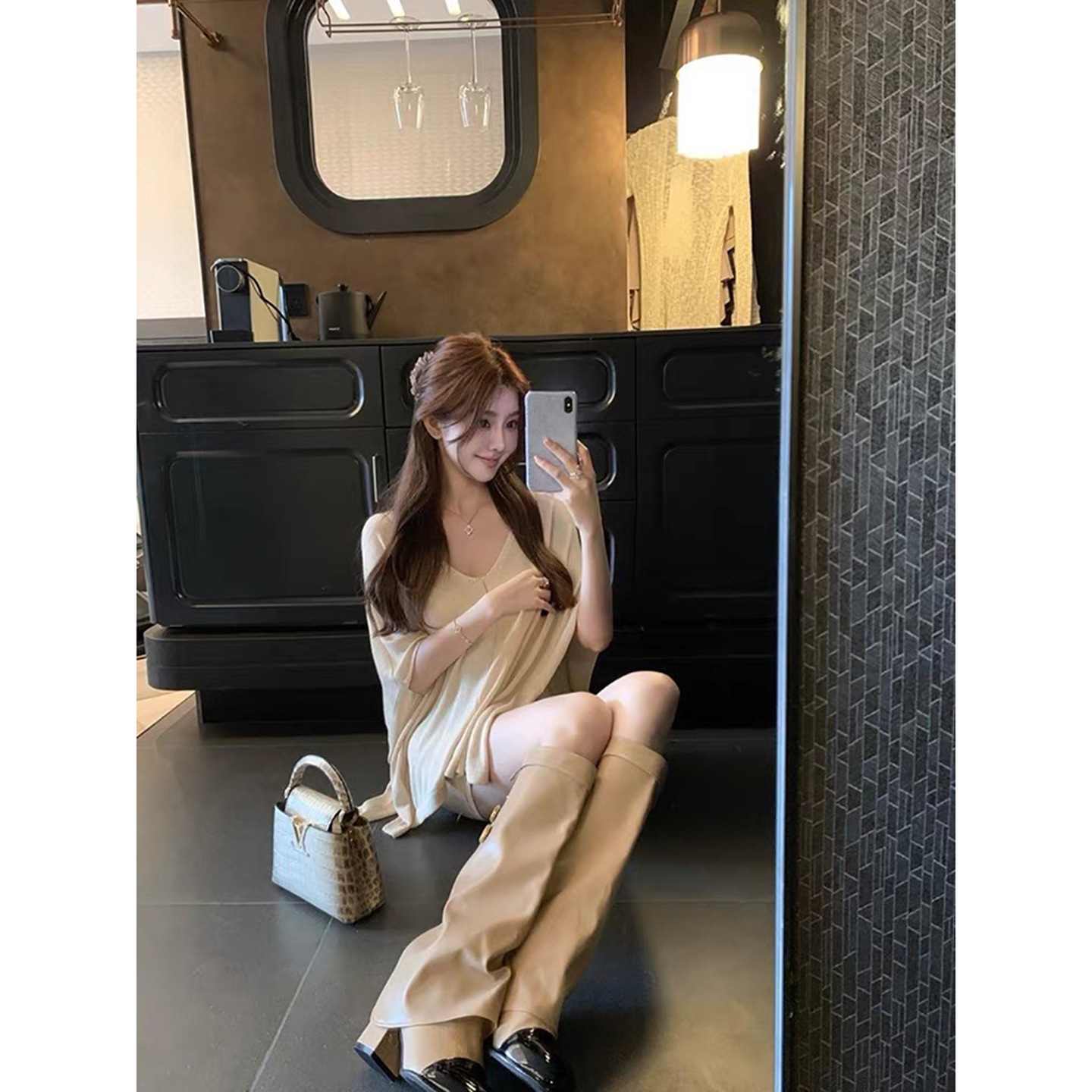 现货秒发~内增高2025新款骑士靴女小香不过膝长筒靴大筒围裤管靴