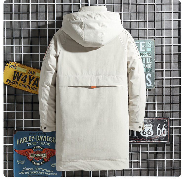 Men's Long Winter Workwear Down Jacket With Hood, Lightweight Warm Parka Coat For Cold Weather, Water-Resistant Polyester Shell, Machine Washable_voghion.com