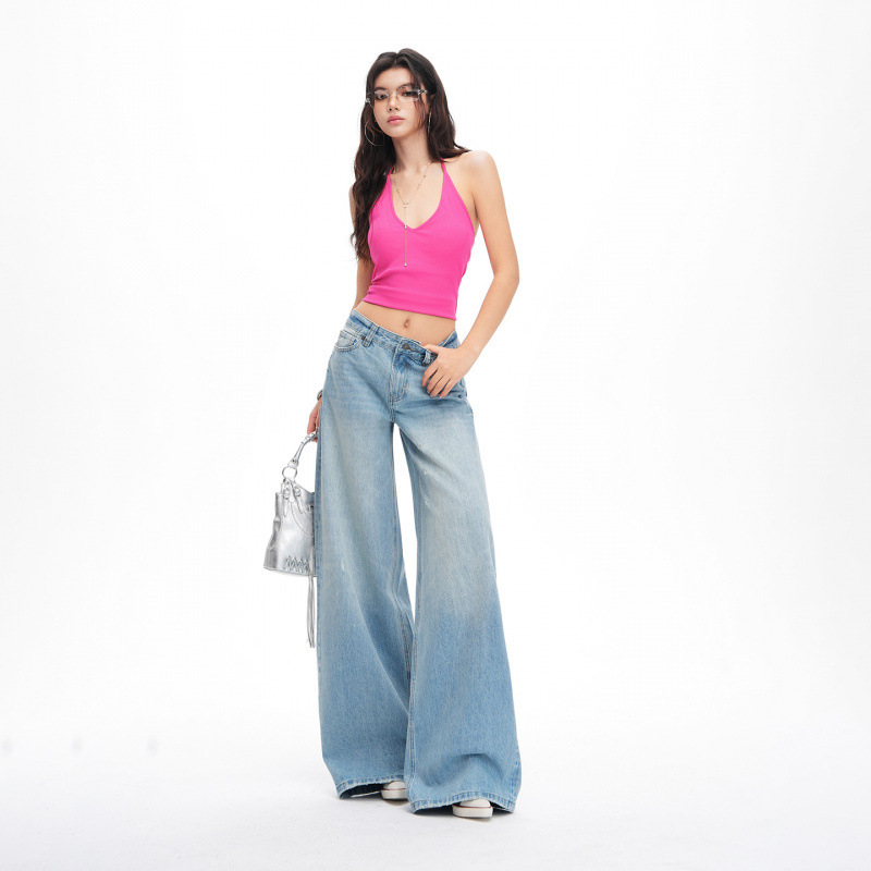 26 Years of New Spring and Summer Styles, Light Green Retro Washed Mid-Waist Loose Fit Ripped Denim Floor-Length Jeans for Women 26 Years of New Spring and Summer Styles, Light Green Retro Washed Mid-Waist Loose Fit Ripped Denim Floor-Length Jeans for Women