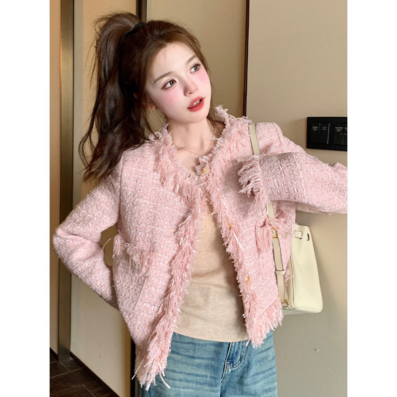 Trendy Chanel-Style Pink Tweed Short Jacket for Women, Spring and Autumn, High-End Niche Fashion