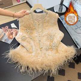 新中式夹棉马甲女秋冬季新款复古国风坎肩毛毛提花无袖马夹背心