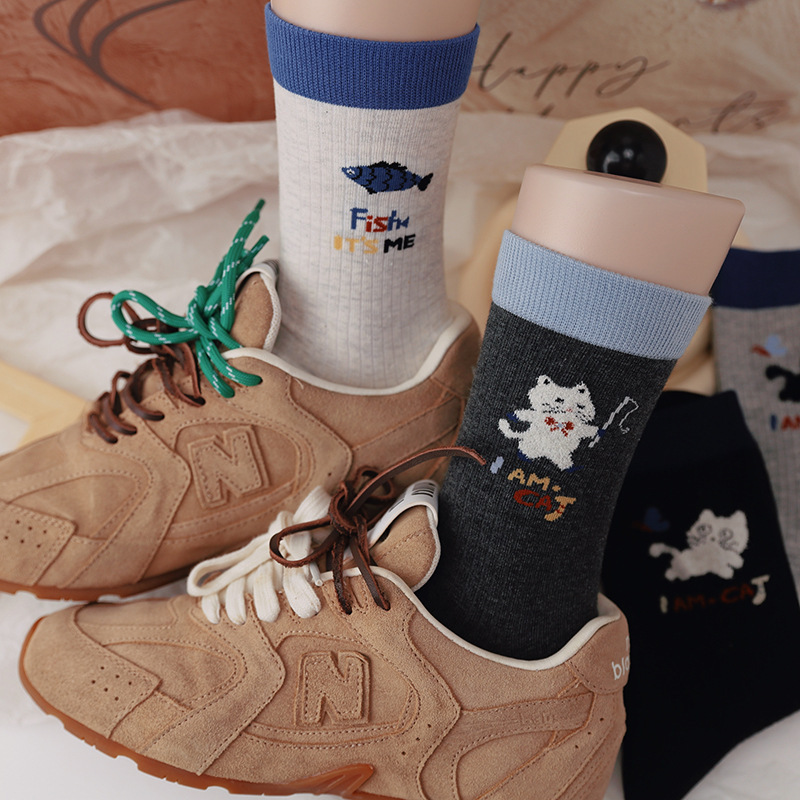 Original Cartoon Socks Women's Mid-Calf Socks Spring & Fall Cotton Socks Ins Trendy Cute Kitten Fishing Cartoon Autumn Stockings