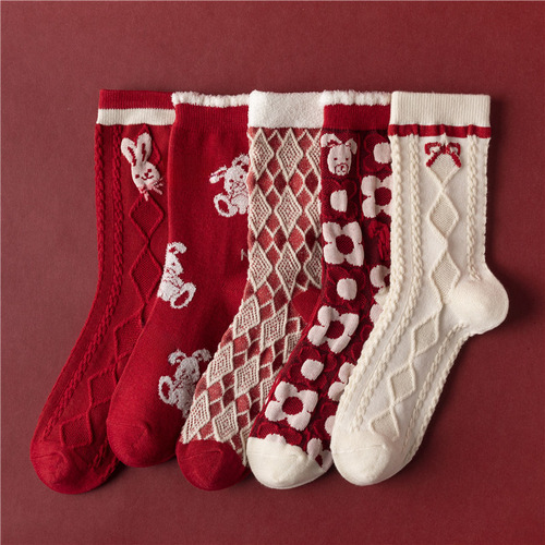 龙年大红袜子女秋冬季属龙本命年红色中筒袜过年新年结婚棉袜礼物