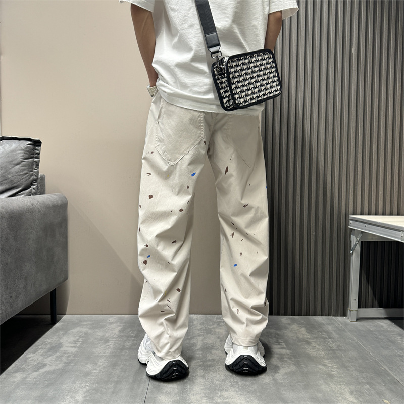 Pantalon décontracté à coupe étroite pour homme, coupe ample, coupe droite, coupe incurvée, sensation haut de gamme, effet vieilli, encre éclaboussée_voghion.com