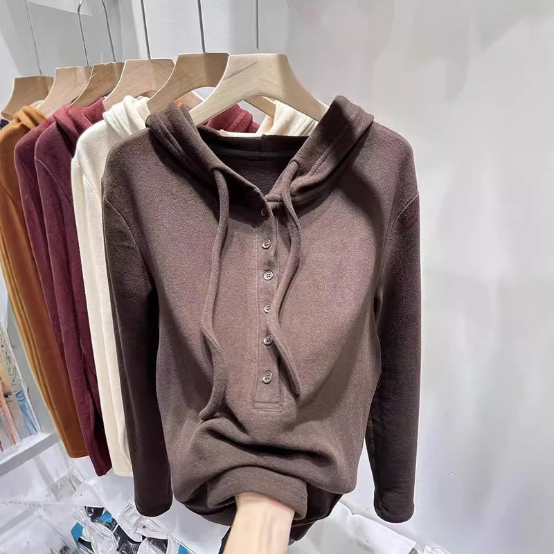 European-Style Hooded Button-Up Double-Sided Thermal Fleece Sweatshirt for Women, 2025 Autumn and Winter New Style, Warm, Loose-Fitting Base Layer Hoodie Top, Trendy