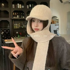 出口日本羊毛混纺围巾鸭舌帽一体帽子女秋冬加厚保暖气氛感针织帽