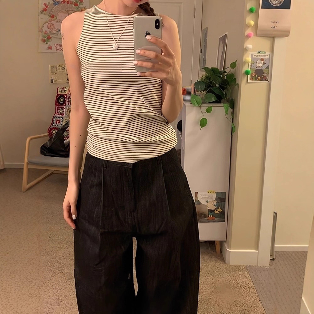 Korean Style Simple Thin Stripes Versatile Slim-Fit Slimming Tank Top for Women Summer Outerwear Hot Girl Inner Sleeveless T-Shirt Top