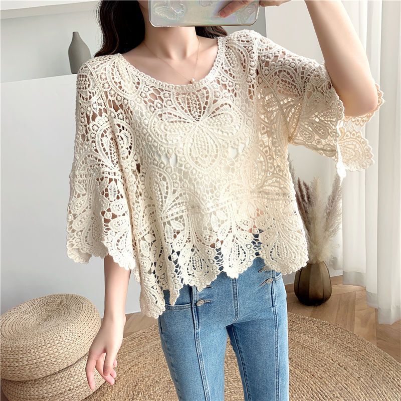 2023 Summer New Embroidered Hollow Thin Fashion All-match Women's Top Lace Shirt Pullover Blouse Top Women's Fashion 2023 Summer New Embroidered Hollow Thin Fashion All-match Women's Top Lace Shirt Pullover Blouse Top Women's Fashion