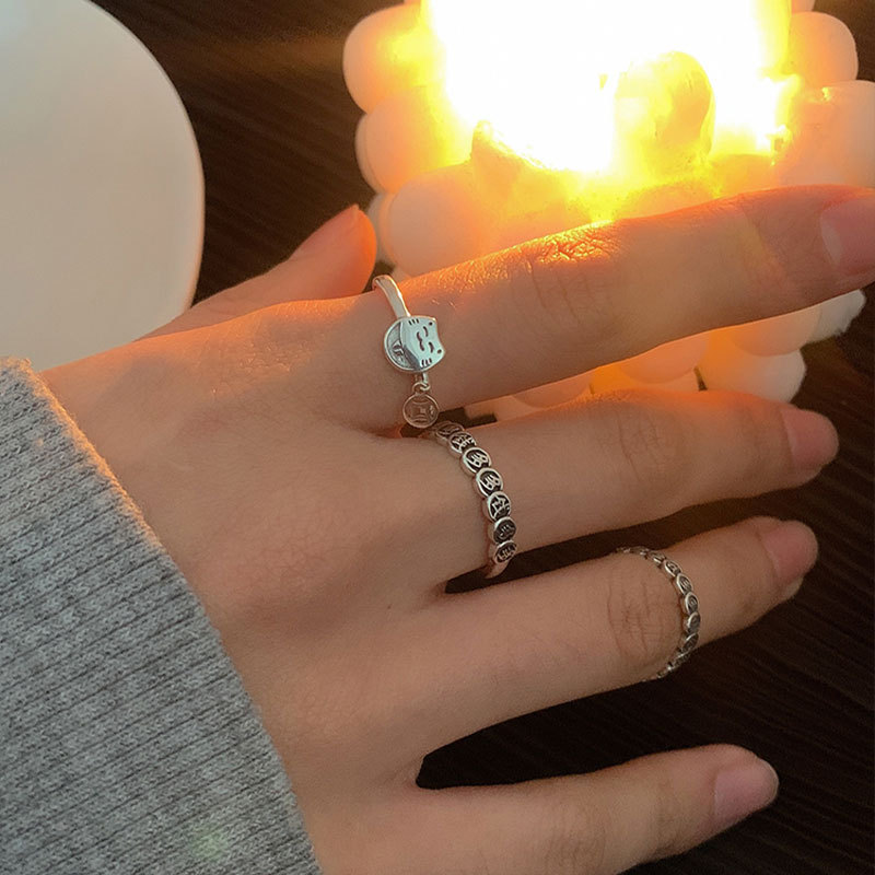 Qian Duoduo Fortune Cat S925 Sterling Silver Niche Design High-End Light Luxury Elegant Women's Personalized Open Ring_voghion.com