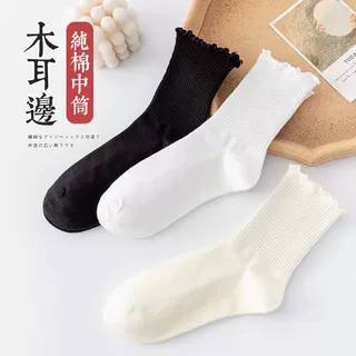 袜子女甜美木耳边纯色黑白堆堆袜日系可爱中筒袜jk花边学院风批发