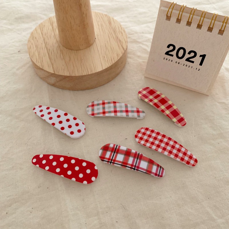 Korean student Cherry Red Girl heart cute soft girl bangs clip red polka dot Plaid hairpin BB hair accessories