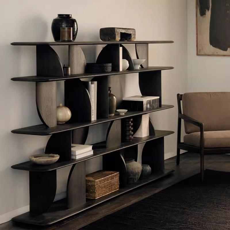 Designer Special-Shaped Solid Wood Black Bookshelf Living Room Partition Rack B&B Hotel Creative High-End Solid Wood Display Bookcase