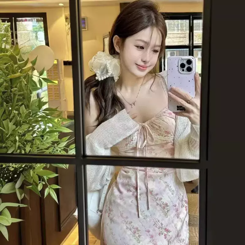 甜美温柔风套装女春季马海毛针织开衫碎花蕾丝吊带连衣裙子两件套