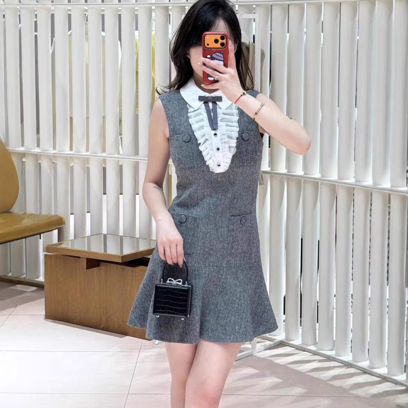 2026 Spring and Summer New Style French Design Bow-Knot Gray Mixed Color Herringbone Pattern Sleeveless Ruffled Vest Dress