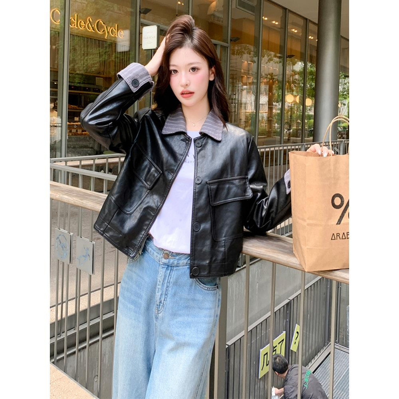 Retro American Black Short Motorcycle Jacket for Women in Spring & Fall, Super Hot and Good-Looking High-End Niche Leather Jacket Top