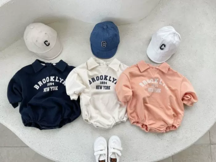 韩版男女童宝宝翻领卫衣带帽爬服ins新生儿纯棉休闲印花潮搭哈衣