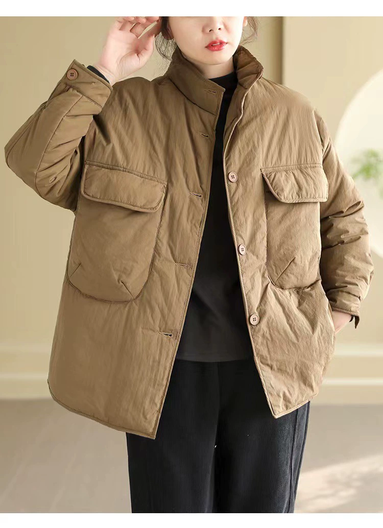 Demi‑season quilted down jacket, oversized cut, solid colors (khaki/black/dark purple)