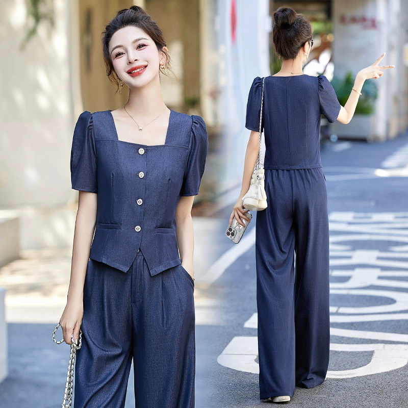 Tensi джинсовый набор женский летний прилив 2025 новый тонкий высококачественный европейский модный ретро широкие брюки из двух частей