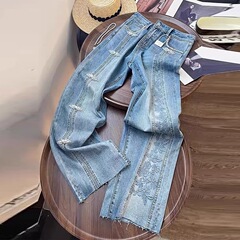 青い中国風盤ボタン復古重工刺繍広脚ズボンアメリカ風ゆるい高腰にドリルのストレートジーンズ女