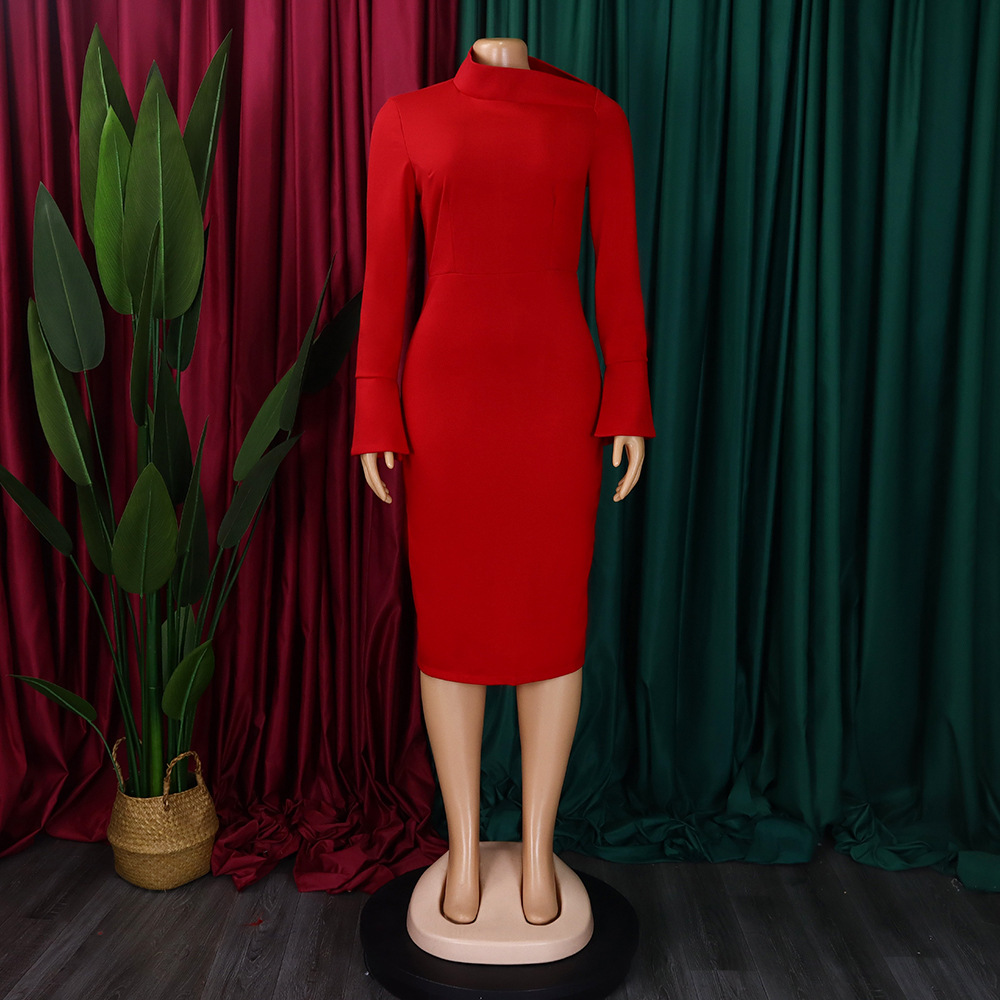 Autumn Winter Long Sleeve Narrow Office Diagonal Collar Solid Color Dress