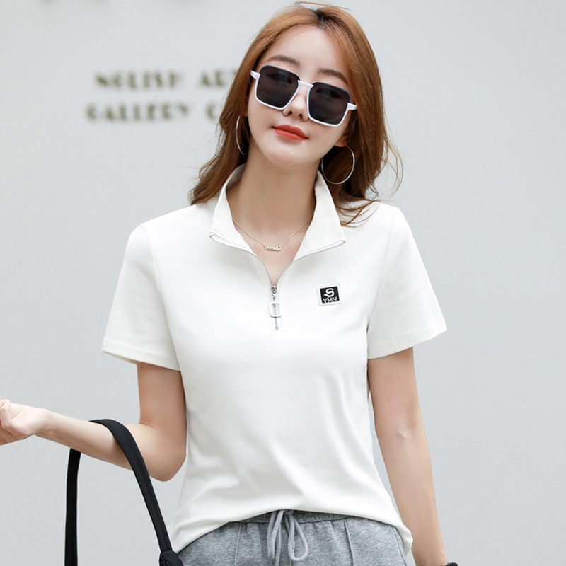 360 Women's Polo Shirt T-Shirt 2023 Summer New Korean Style Top Lapel Short Sleeve Zipper Letter Striped T
